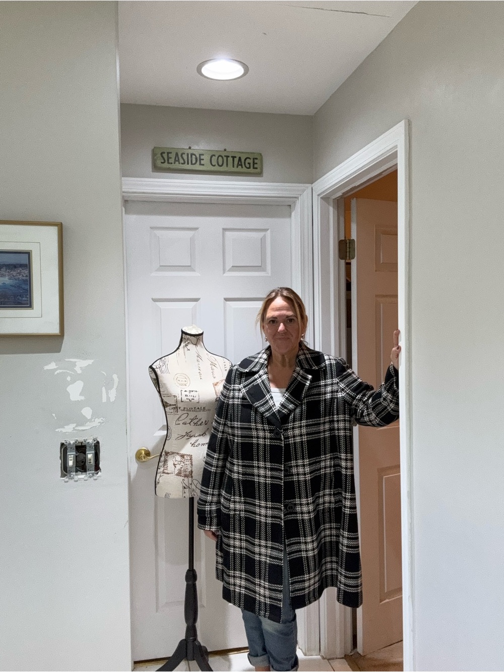 Talbots Black and White Plaid Pea Coat